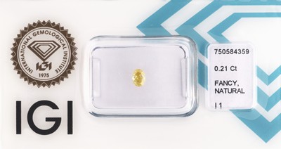 Loser Diamant 0.21 ct natural fancy intense yellow/p1, oval modified brilliant, verschweißt, IGI Expertise