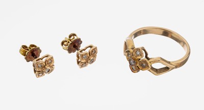 14 kt Gold Diamant Schmuckset "Sissi", GG 585/000, anlässlich des 100. Todestages der Kaiserin von Österreich, Blütendesign, best. aus: ...