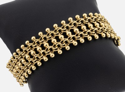 14 kt Gold Armband, GG 585/000, aufw. Verarbeitung mit Kügelchen, bewegl. gearbeitet, L. ca. 20 cm, B. ca. 2 cm, Kastenschloß, ca. 37 g