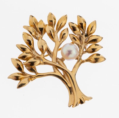 14 kt Gold Perl Brosche, GG 585/000, in Form eines Baumes, bes. mit einer kl. Zuchtperle, L. ca. 3 cm, ca. 4.9 g