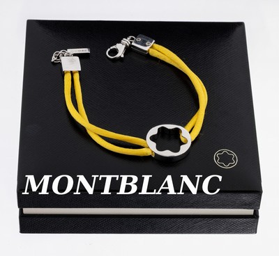 MONTBLANC Armband, Stern und Verschluss aus925er Silber, an gelbem 2 rhg. Satinband, L. ca. 19-21.5 cm, Karabinerschließe, sign. und num., in Etui