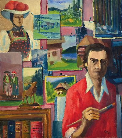 Klaus Hartmann, geb. 1937 Karlsruhe, "Selbstbildnis mit Schwarzwalderinnerungen", 1976, monogrammiert, verso mit Galerieetikett,Öl/Lwd, ...