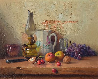 Robert Chailloux, 1913-2006 Paris, Stillleben mit Krug, Petroleumlampe und Obst, Öl/Lwd, links unten sign., ca. 45x55cm, R. ca. 63x73cm
