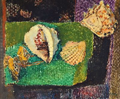 Senta Geissler, 1902 Heidelberg-2000 Ludwigshafen, Stillleben mit unterschiedlichen Muscheln, rechts unten signiert, Öl/Lwd, 50x60 cm, Rahmen 62x72 ...