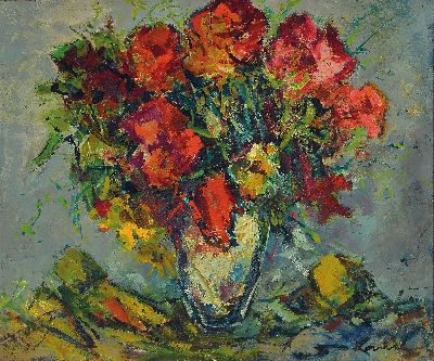 Robert Lauth, 1896-1985 Ludwigshafen am Rhein, Blumenstillleben, rechts unten signiert, Öl/Spanplatte, 50x60 cm, Rahmen 63x73 cm