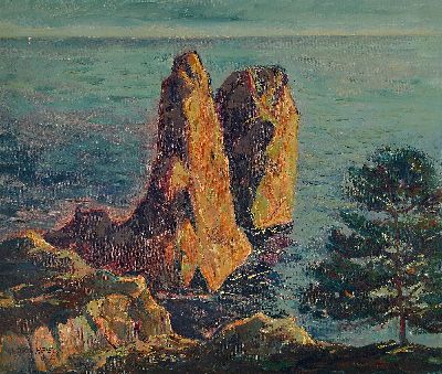 Georg Heieck, 1903 Ludwigshafen-1977 Mannheim , Küstenlandschaft mir Blick auf Felsformation, signiert und datiert 1962, Öl/Lwd, 60x70 cm, Rahmen ...