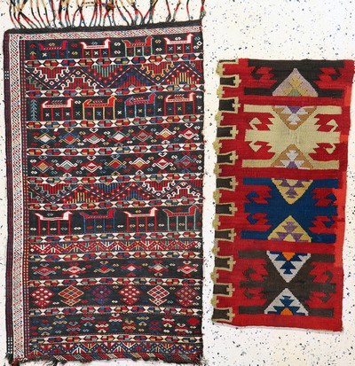 2 Lots Kelim-Fragmente, Türkei, um 1900, Wolle auf Wolle, ca. 110 x 67 cm, EHZ: 3
