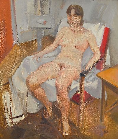 Andras Novak, geb. 1936, sitzender weiblicher Akt im Atelier, bez. "Modell", Öl/Lwd, rechts unten monogrammiert NA, 70x60 cm, Rahmen 83x73 ...