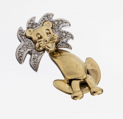 8 kt Gold Diamant Anhänger, "Löwe", GG/WG 333/000, Mähne bes. mit 22 8/8-Diamanten zus. ca. 0.21 ct (grav.), Kopf und Füße bewegl., ...
