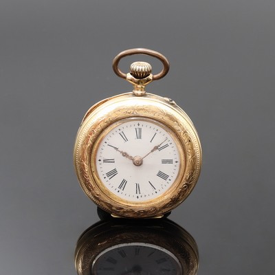 Offene Damentaschenuhr in RoseG 585/000, Schweiz um 1910, floral grav. Geh. dell., Rückdeckel m. Monogrammspiegel, Metallcuvette, Emailzifferbl. ...