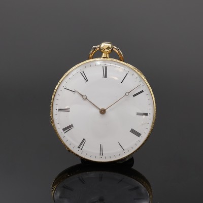 Offene Taschenuhr in GG 750/000, Schweiz um 1880, floral grav. Geh. dell, seitl. geriffelt, Rückdeckel m. floraler Gravur, verg. Cuvette, ...