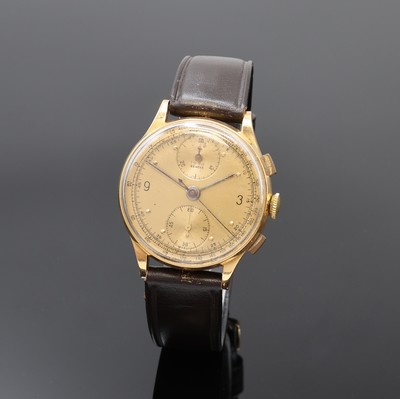IOTA Schaltradchronograph in RoseG 750/000, Schweiz um 1950, Handaufzug, Boden u. Glasrand aufgedr., Metallcuvette, gold. Zifferbl. pat./fl., gebl. ...