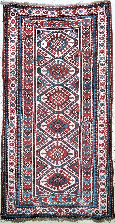 Antiker"Mogan"Kazak, Kaukasus, 19.Jhd, Wolle auf Wolle, ca. 260 x 140 cm, EHZ: 2-3(restauriert)