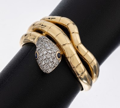 14 kt Gold Diamant-Saphir-Ring, GG 585/000,Darstellung einer Schlange, Kopf mit 8/8- Diamanten zus. ca. 0.24 ct (grav.) Weiß/si, Augen 2 ...