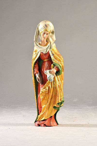 Bildschnitzerei, Hl. Elisabeth, Oberammergau 1970/80er-Jahre, Holz vollplastisch geschnitzt, farbig und gold gefasst, Darstellung der Elisabeth von ...