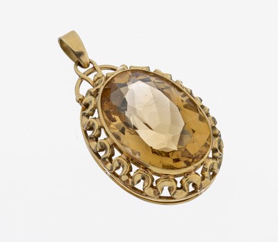 14 kt Gold Citrin-Anhänger, GG 585/000, gr.ovalfacett. Citrin, Fassung durchbrochen aus geschwungenen Elementen, L. ca. 4.5 cm, ca. 11.2 g