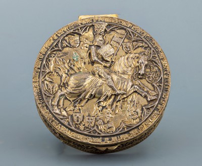 Silber Deckeldose, deutsch, Neresheim um 1870, 13-lötiges Silber, teilvergoldet, reich reliefiert mit Akanthusdekor, Deckel mit Darstellung des ...