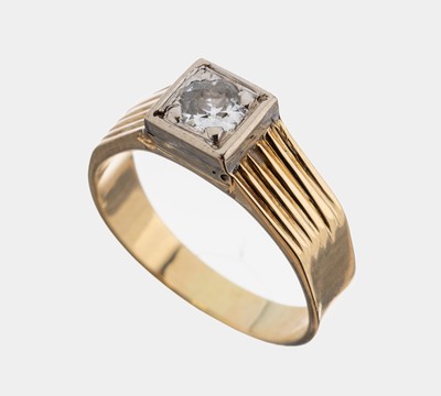 14 kt Gold Diamant-Ring, GG/WG 585/000, Ringschultern gerillt, in WG gefasster Altschliffdiamant ca. 0.30 ct l.get.Weiß/p, RW53, ca. 4.8 g