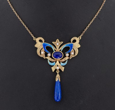 14 kt Gold Lapislazuli-Email-Perl-Collier, GG 585/000, Mittelteil mit ovalem Lapislazuli und bewegl. abgehangenem Lapislazuli, part. emailliert, ...