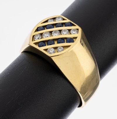 18 kt Gold Brillant-Saphir-Ring, GG 750/000gepr., 9 Brillanten zus. ca. 0.22 ct Weiß/si, 8 rundfacett. Saphire zus. ca. 0.40 ct, RW 65,ca. 8.2 g
