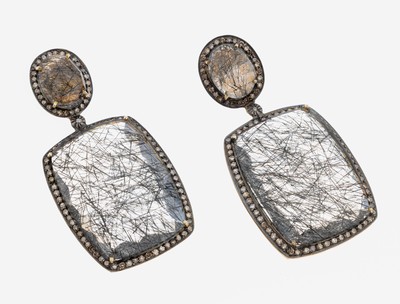 Paar Rutilquarz-Diamant-Ohrstecker, 925er Silber teilvergoldet, 2 ovalfacett. Rutilquarze und 2 facett. Platten zus. ca. 60.0 ct, ca. 186 ...