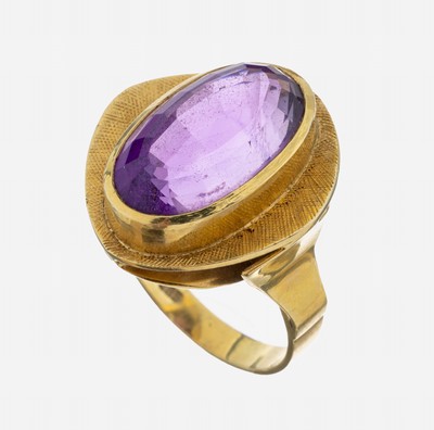 14 kt Gold Amethyst-Ring, 1950er Jahre, GG 585/000, ovalfacett. Amethyst ca. 12.0 ct, RW 56, ca. 9.2 g