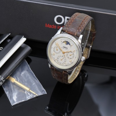 ORIS Herrenarmbanduhr mit Mondphase Referenz 7433, Schweiz um 1995, Automatik, beids. vergl. Edelstahlgeh., Boden verschr., Korrekturdr. seitl. im ...