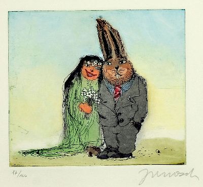 Horst Eckert Janosch, geb. 1931 Hindenburg, Farbradierung, Ed. 17/100, rechts unten handsigniert, Hasenhochzeitspaar, Platte 13 ,5x16 cm unter Glas ...