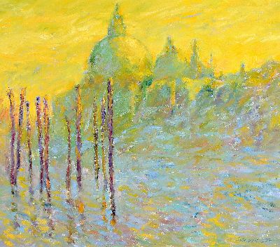 Klaus Schoppe, 1939 Bremen-2023 Worpswede, "Venedig - Der Dunst steigt auf", atmosphärische Ansicht aus der Lagunenstadt mit Blick auf ...