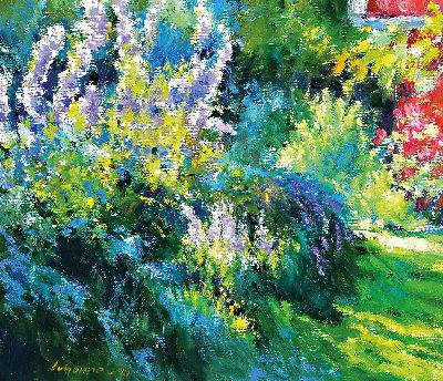 Klaus Schoppe, 1939 Bremen-2023 Worpswede, "Rittersporn", neoimpressionistische Komposition in Anlehnung an Curt Herrmann, Öl/Holz, ...