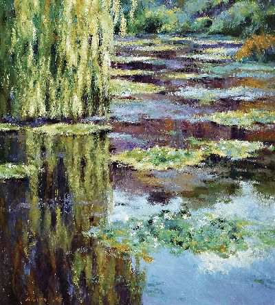 Klaus Schoppe, 1939-2023, "Der Teich in Giverny", postimpressionistische Komposition in Anlehnung Claude Monet, signiert und datiert 1996, ...