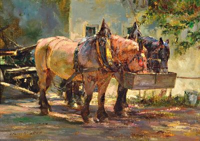 Hans Nickel, 1916 Mährisch Lotschnau-1986 Altdorf bei Nürtingen, zwei Arbeitspferde mit Haferkasten, Öl/Lwd, sign., ca. 50x70cm, R. ca. 59x79cm