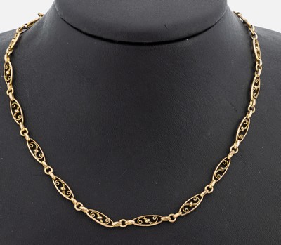 8 kt Gold Jugendstil Collier, um 1900, GG 333/000, Glieder mit Drahtverzierungen und Kugeln, Verlängerung und Federringschließe GG 585/000, sek., ...