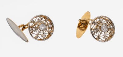Paar 14 kt Gold Art Deco Diamant- Manschettenknöpfe, 1920er Jahre, GG 585/000, 2 Altschliffdiamanten zus. ca. 0.20 ct Weiß/p, 16 Diamantrosen zus. ...
