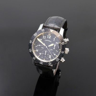 CHRONOSPORT Herrenchronograph in Stahl, Schweiz um 2000, Automatik, beids. vergl. Geh., Boden u. Krone verschr., schwarze Drehlunette m. 60er-Tlg., ...