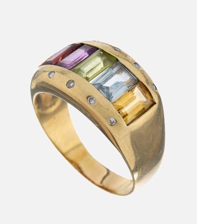 14 kt Gold Farbstein-Ring, GG 585/000, facett. Farbsteine u.a. Citrin, Amethyst, Granat, Peridot und Aquamarin, RW 57, ca. 5.9 g