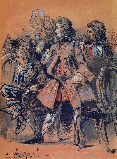A. Loretz, wohl Alcide Joseph,, 1813 - 1888, französischer Maler und Karikaturist, figürliche Darstellung mit französischen Edelmännern wohl in ...