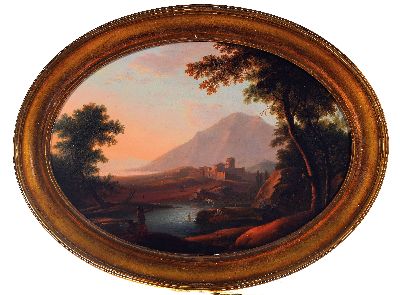 Unbekannter Traditionalist des 19.Jh., pastorale Landschaft, Flusslauf mit Figurenstaffage vor Burganlage, unsigniert, Öl/Holz, im Oval, 32x46 cm, ...