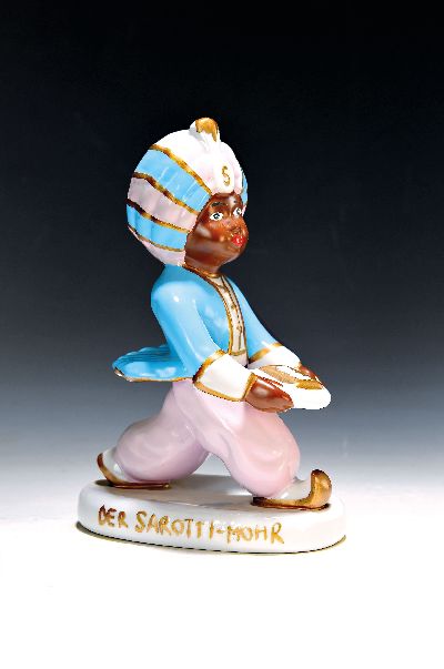 Porzellanfigur Sarottimohr, Bavaria, Porzellan, farbig staffiert, mit Beschriftung,H. 23 cm