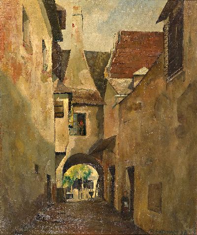 Robert Gattinger, 1902 Stainach-1980 Pöls, Österreich, Gasse wohl in der Obersteiermark, Öl/Lwd., alte Häuserzeile mit Türmen und Durchblick auf ...