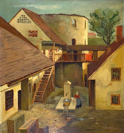 Robert Gattinger, 1902 Stainach-1980 Pöls, Österreich, Blick in ein Gehöft, wohl in der Obersteiermark, rechts unten signiert und datiert 1942, ...