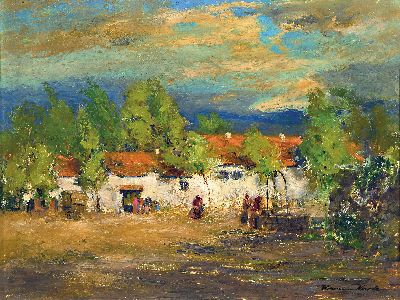 Hermann Nowak, geb. 1890 Wien, Frauen am Brunnen vor einem südlichen Dorf, Öl/Holz, rechts unten sign., ca. 28x38cm, R. ca. 40x50cm