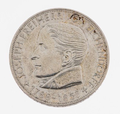 Silbermünze, 5 Mark, Deutschland 1957, Freiherr Joseph von Eichendorff, Prägemarke J