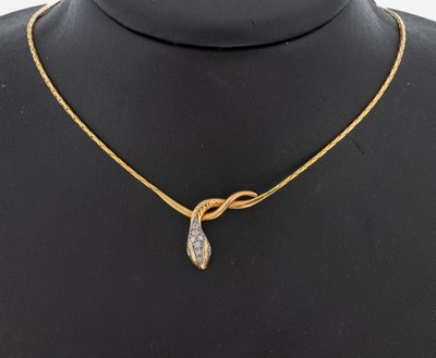 ENTFÄLLT 18 kt Gold Diamant-Collier, GG 750/000, Mittelteil in Form einer Schlange, part. rhod., 9 8/8-Diamanten zus. ca. 0.18 ct l.get.Weiß/si, ...