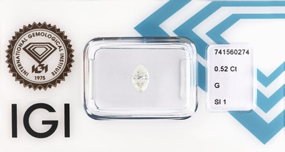 Loser Diamant, 0.52 ct feines Weiß(G)/si1, Navette, eingeschweißt, IGI-Expertise anbei