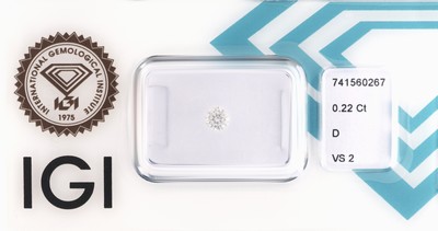 Loser Brillant, ca. 0.22 ct hochfeines Weiß (D)/vs2, eingeschweißt, IGI-Expertise anbei