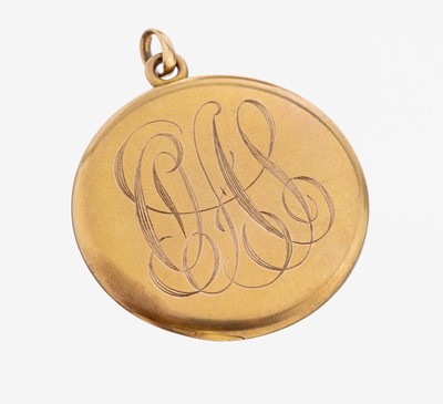 10 kt Gold Medaillon-Anhänger, GG 417/000, beids. Monogr.: EX und wohl OAL, D. ca. 4 cm, aufklappbar für Foto oder Memory-Einlage, ca. 14.5 g