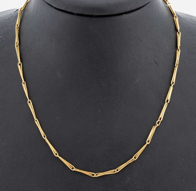 18 kt Gold Collier, um 1910, GG 750/000 gepr., L. ca. 93 cm, Federringschließe, ca. 22.9 g