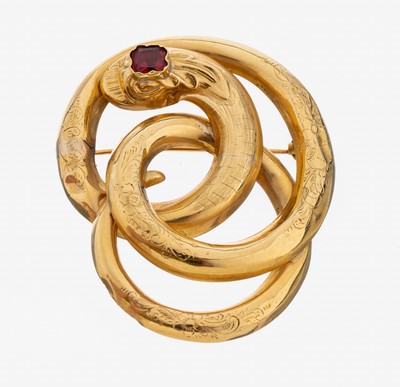 14 kt Gold Granat-Schlangenbrosche, um 1860, GG 585/000, Kopf mit Almandin Granat, starke Gebr.-Spuren, verbeult, Nadelung repariert, ca. 5 x 4 cm, ...