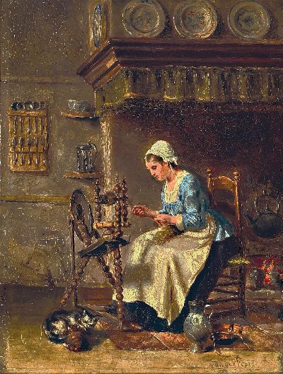 Herman Jacob van der Voort, 1847-1902, Interieur mit junger Frau am Spinnrad, Öl/Holz, rechts unten sign., ca. 35x25cm, breiter Prunkrahmen ca. ...